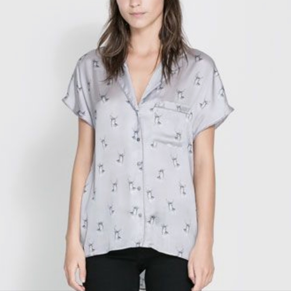 Zara Satin-Feel Short Sleeve Button Down with Deer • Small